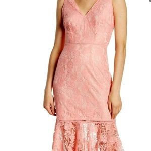 Alexia Admor Womens 14 Peach Pink Kourtney Lace Midi Dress Flounced Flare NWT